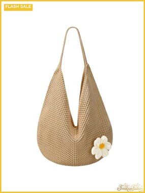 Crochet Beach Tote Bag for Women, Large Summer Knit Bag, Floral Pin